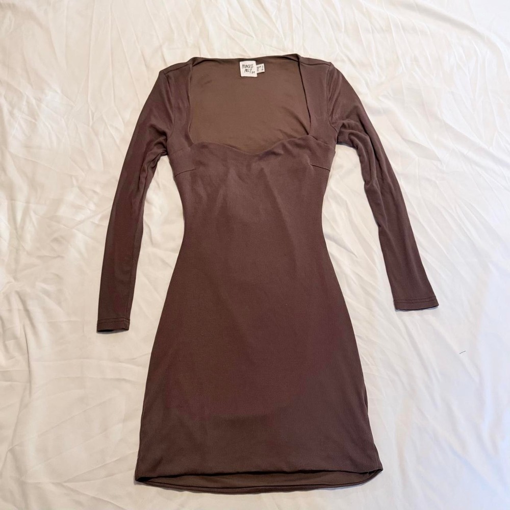 Princess Polly Brown Square Neck Long Sleeve Bodycon Mini Dress Size 4